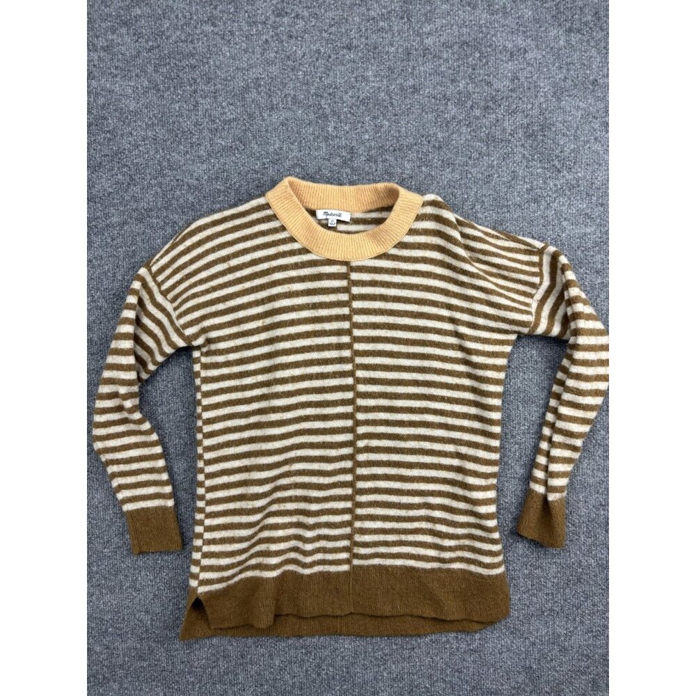 Madewell Sweater Womens XS Brown Cream‎ Striped Crewneck Merino Alpaca Pullover